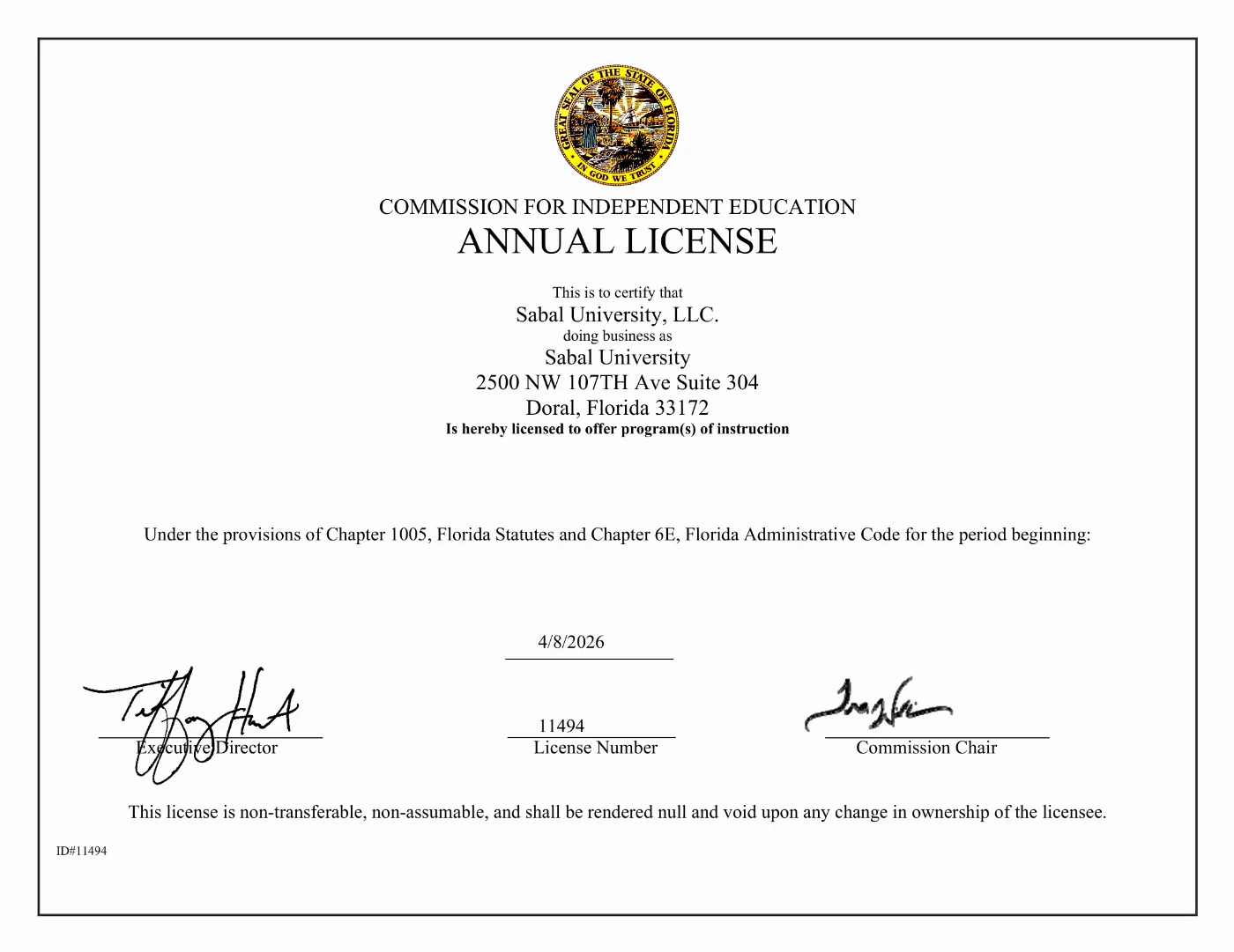 SABAL University license issued by the Florida Commission for Independent Education